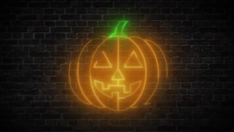Halloween-pumpkin-neon-sign-on-brick-wall-background